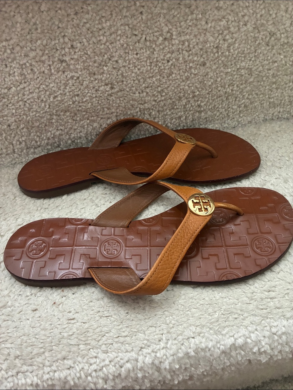 Tory Burch Tan Brown Leather Logo Thong Sandals